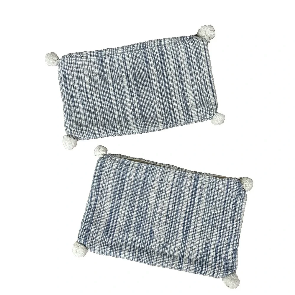 Serena + Lily Bennington pillow covers Heathered Coastal Blue Set Poms 12x21 NEW